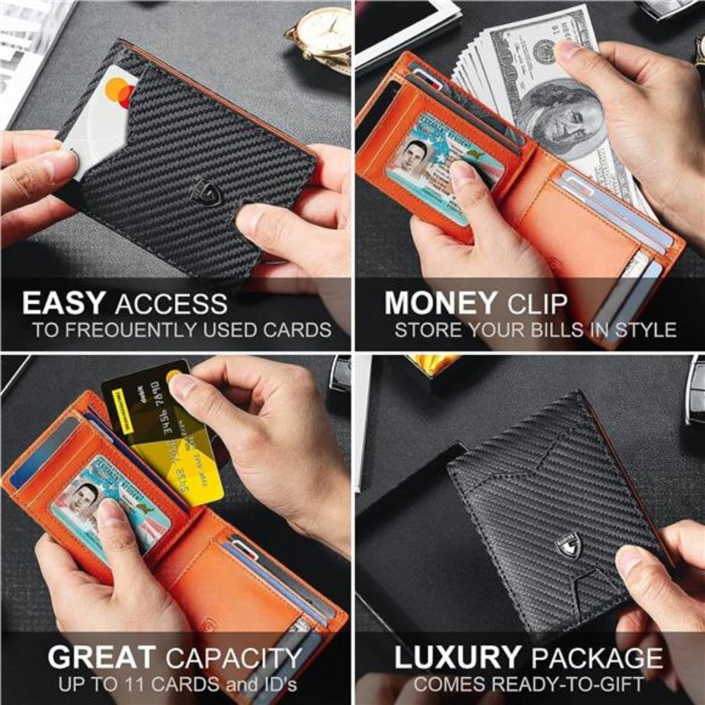 Mens Slim Wallet - Carbon Fiber & Rfid Blocking Credit Card Holder With Gift Box - Picture 4 of 6